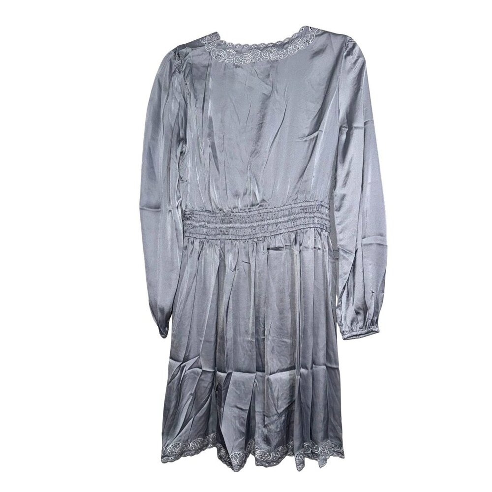 Lovestitch  Women's Long Sleeve Embroidered Lace Trim Dress Light Gray Polyester - Picture 8 of 10